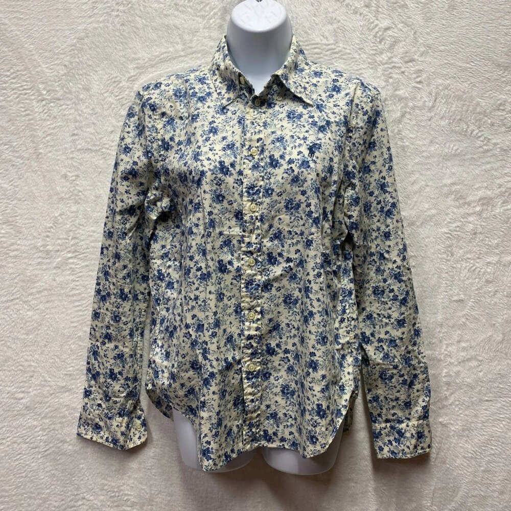 Ralph Lauren Floral Button Down Shirt Womens 8 Beige Blue Cotton Country Western